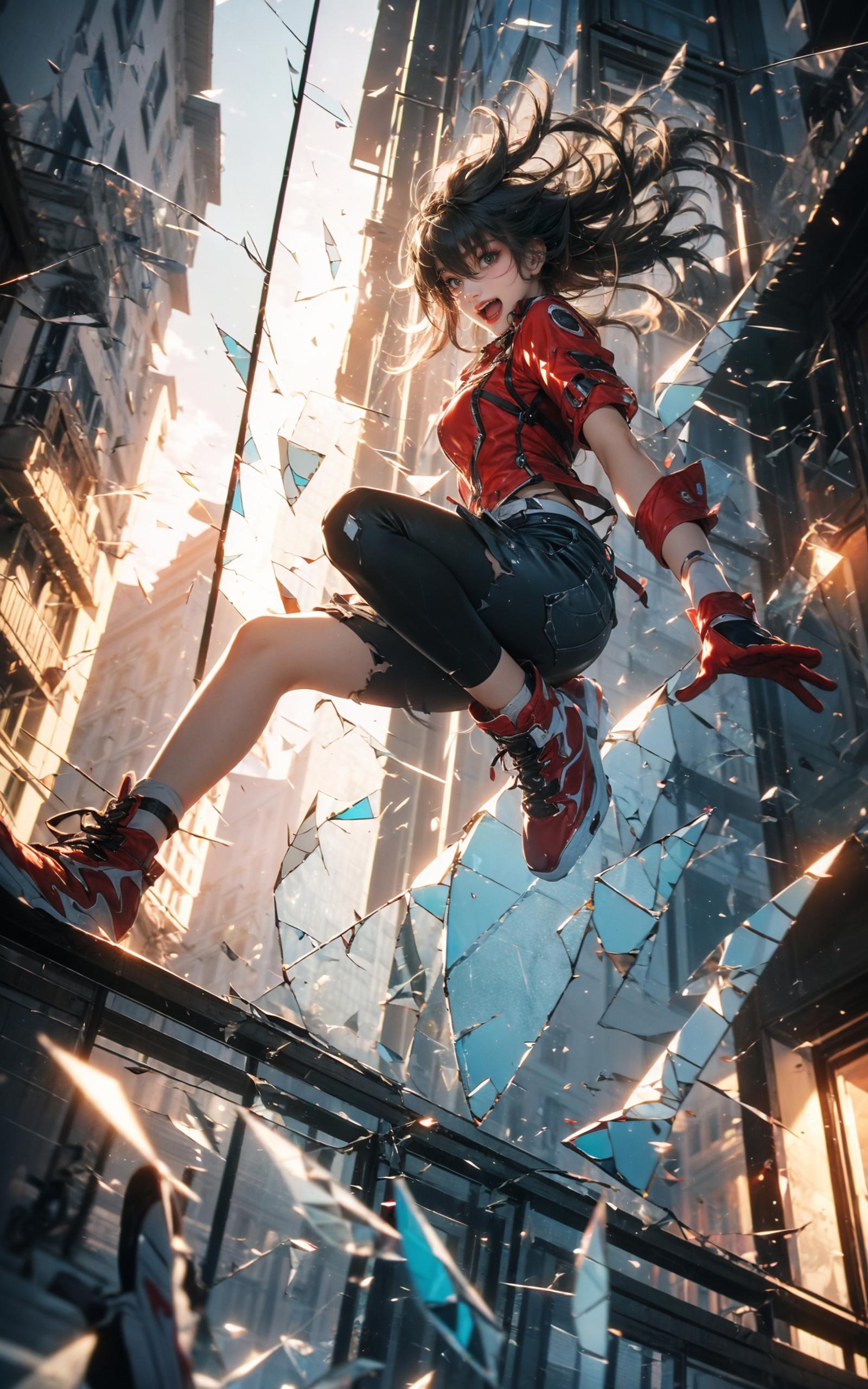 Anime-style female character with red hair and red clothing, jumping on shattered glass.