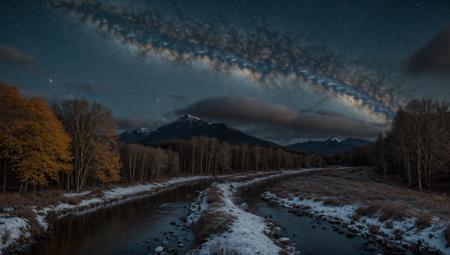 ((masterpiece:1.4,best quality)), cloud, outdoors, night, stars, moon
(mountains), spring glade, scenery, sky, winter, village, tree, river,
 high detail, abundant, 8k, high detail, wallpaper,