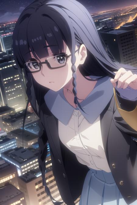 setsunashimazaki, <lora:setsuna shimazaki s1-lora-nochekaiser:1>,
setsuna shimazaki, long hair, bangs, (black eyes:1.5), black hair, braid, glasses, blunt bangs, twin braids, semi-rimless eyewear, under-rim eyewear,
BREAK shirt, blue shirt, collared shirt, cardigan, yellow cardigan, skirt, blue skirt,
BREAK outdoor, city, night, sky, buildings, moon, clouds,
BREAK looking at viewer, (cowboy shot:1.5),
BREAK <lyco:GoodHands-beta2:1>, (masterpiece:1.2), best quality, high resolution, unity 8k wallpaper, (illustration:0.8), (beautiful detailed eyes:1.6), extremely detailed face, perfect lighting, extremely detailed CG, (perfect hands, perfect anatomy),