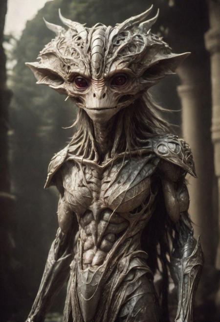photography in the style of Labirynth, the dark crystal  movies, close up of (nature) and (fantasy) creature with a (diminute) sword stained with (detailed:1.5), in a beautiful and ruined ,fantasy,hyper detailed, real skin imperfections, hard lighting, bokeh, ((curi:1.2))(inspire forms in most beautiful New race:1.4) (beautiful:1.4) (ambient HR Giger:1.0)(alien world:1.0)