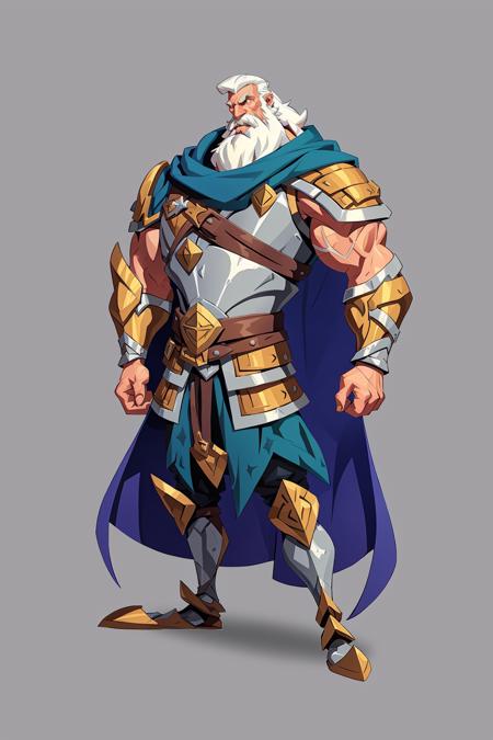 concept art, european cartoon, game character design, 1boy, solo, beard, mature male, male focus, facial hair, armor, muscular male, full body, white hair, short hair, muscular, old, old man, cape, shoulder armor, cuirass, fully armed, standing, wrinkled skin, scar on face,<lora:oukaV5:0.8>,