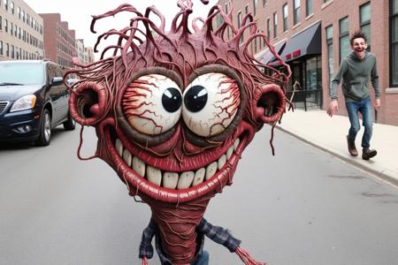 Whimsical brawing in basilwolverton style, grotesque, spaghetti hair, bulging eyes, skin folds, veins, large teeth, bloodshot eyes 1man  smiling walking down a city street looking across the street towards camera <lora:BasilWolvertonComboStyleXL_v1.1:0.8>