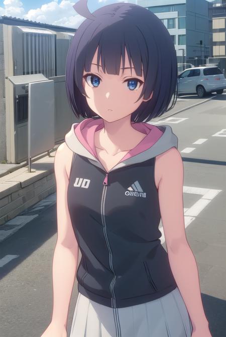 touka kishi, short hair, black hair, bob cut, bangs, blunt bangs, (black eyes:1.3), ahoge, skirt, hood, hoodie, sleeveless, hood down, sleeveless hoodie,