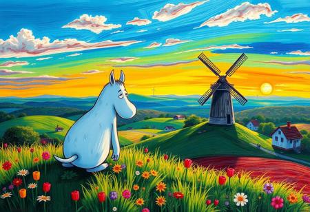 score_9, score_8_up, vivid colors, vibrant colors,  Expressive, vivid colors,  Moomin:3, Moomintrollen:3,  far away, wallpaper, beautiful landscape, masterpiece, sun, 
looking in the distance:3, backview, looking at landscape, windmill, traditional art
