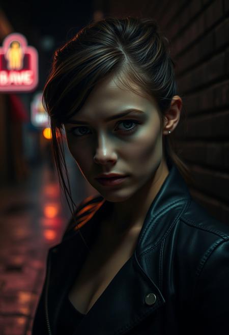 A cinematic close-up of a young woman standing in a dark, narrow street alleyway. She has a slightly intense and mysterious expression, her face illuminated by soft, dramatic lighting, casting subtle shadows. The background is dimly lit with faint neon lights reflecting off wet pavement, creating a moody atmosphere. The woman has sleek, slightly messy hair and is wearing a leather jacket. The scene feels suspenseful yet alluring, with great detail on her features and the textures of the surroundings.