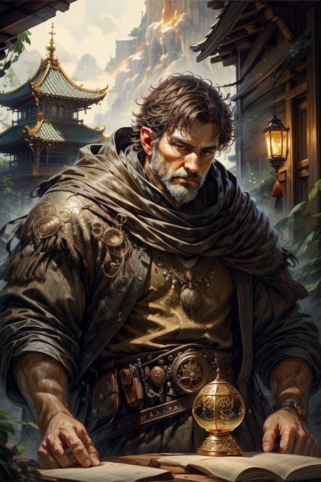 score_9, score_8_up, 8, score_7_up, solo,  
fantasy style, masterpiece, 8k, dynamic pose, 20 y.o, <lora:Fantasy_Classes_SD:1>,

<lora:Fantasy_Classes_SD:1>, (druid)), bara, mature, facial hair, ((ecological landscape, golden low-fade, __eye-color eyes__, curious, pagoda)), masterpiece, highly detailed face and skin, hyperrealistic, male only, bara, mature, stubble, handsome, male focus, light particles, real light and shadow, (((cowboy shot, exercising))), <lora:style_adddetail:.7> <lora:style_deluster2:-.4><lora:style_hotarublurbk_v100:1>

BREAK
(EyesHD:1.2), (4k,8k,Ultra HD), masterpiece, best quality, ultra-detailed, very aesthetic, sharp focus, depth of field, ray tracing, best lighting, detailed illustration, detailed background, cinematic, 
BREAK 
detailed background, dynamic action image,

BREAK
oil painting, BadDream, negative_hand, NEG_EMBED_STABLE_YOGI_V3, FastNegativeV2, AissistV2
(detailed:1.3), (sharp focus:1.1), medieval style, (expressive face:1.2),,