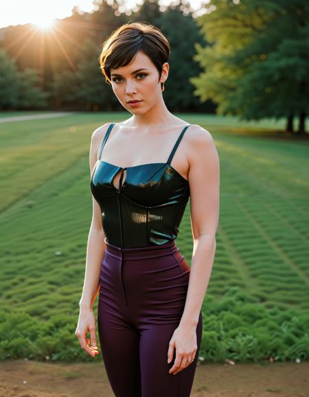 RAW full body analogue photo of a beautiful 25 years old woman, clear focus, high resolution image, Rebecca Raven beautiful woman with dark hair and (pale skin), <lora:Rebecca_Raven_SDXL_V3:0.6>,,  ,wearing a glamorous outfit with low-waisted velvet leggings and a fitted top, The look is completed with elegant heeled mules, perfect for a special occasion, (cute pixie cut hairstyle:1.6),,high quality, film grain, Fujifilm XT3, 8k uhd, dslr, film grain, kodak tri-x 400 film, grain photo DOF, faint lighting, dynamic angle, cinematic, Depth of field, bokeh, best quality, cinematic, light particles, highly_detailed, very_aesthetic, golden hour, beautiful_and_aesthetic ,Sexy pose, erotic pose, exhibitionism, ,Enchanted forest