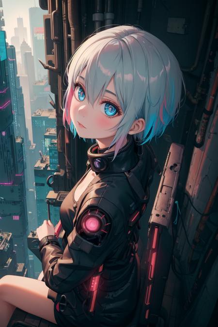 masterpiece,best quality,cyberpunk,1girl,landscape,short hair,from above,sitting,colorful,face,from side,looking at viewer,beautiful eyes