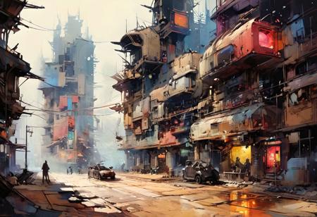 very wide shot, buildings in distance, linquivera, liiv1, on parchment, style of ((Ralph McQuarrie and Syd Mead)), a digital painting depicting a futuristic cityscape. In the foreground, there's a worn classic { red | orange | yellow } (futuristic unconventional concept vehicle), (groundvehicle), xuer dieselpunk, vehicle focus, ground vehicle, there's a worn classic (futuristic unconventional concept sports vehicle) with a long hood and pop-up headlights, giving it an appearance reminiscent of the late 20th-century designs, yet more futuristic and with a worn and rugged look suggesting age or use in a dystopian setting. The car is detailed with dirt and weathering, and it has a matte, metallic finish.  cloud, sky, The city around it is composed of tall, slender buildings with (cyberpunk-style architecture), featuring protruding structures and neon lights. In the hazy sky, (airships or futuristic vehicles) float above, hinting at advanced technology and a busy urban atmosphere. The color palette is predominantly (desaturated tones of beige and blue), 
with bright colored foreground subjects, with the scene set against a backdrop of what could be a smog-filled sky, creating a sense of depth and scale. The artwork combines elements of nostalgia with speculative future technologies, presenting a visually rich, sci-fi environment.
oil and watercolor painting