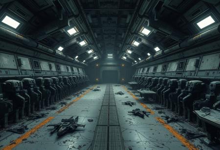 Create an animated image of an abandoned space station inspired by the Star Wars universe. The station should appear heavily damaged, with rows of old robots lining the walls and numerous small ships left in disarray. The atmosphere must convey a strong sense of abandonment and desolation, featuring dim lighting and shadows that enhance the eerie mood. Include details like rust and signs of wear to emphasize the age and neglect of the station.