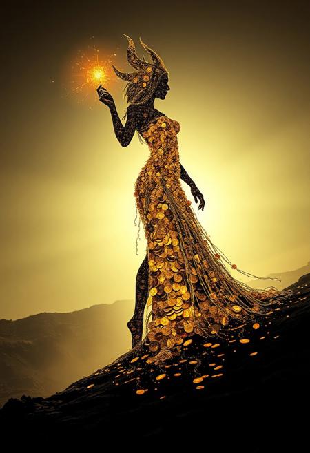 (Soft Lighting Photography by Mimoza Veliu and Mario Giacomelli:1.2), NSFW, Realistic crazy gold sorceress, gold elemental, cracked earth, crater, silhouet style, essence of gold, at Dawn, Bauhaus Art, (monochromatic art by Junji Ito, Carne Griffiths, High contrast, minimalistic), gold and white, dramatic, (silhouette weaved from splahes of gold, body of coins and gold), (clothed in gold, encased in gold),nudity, intricate details, (zentangle tattoo), scar, (((fractal art), (((abstract art))), (((psychedelic art))))), sexy