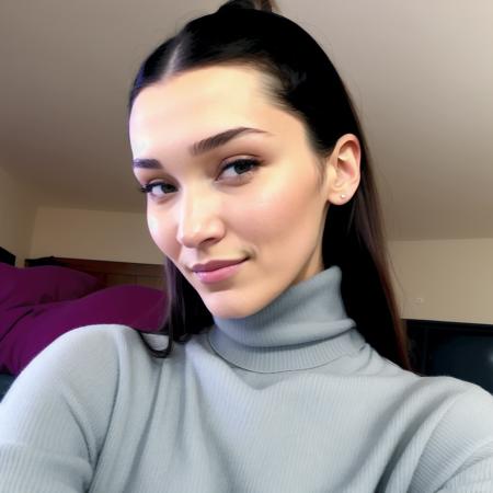 bellahadid  a beautiful woman 26 years old,selfie| shot from above| medium shot| turtleneck | young woman| lying on her back| on a bed| curvy| medium breast