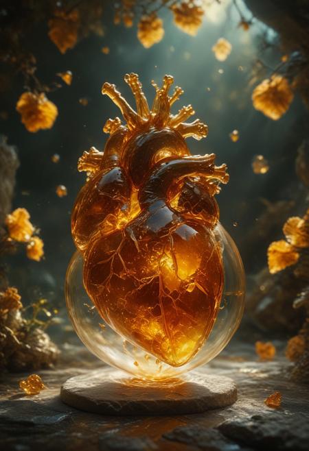 improved cinematic photo, 35mm photograph, film, professional, 4k, highly detailed,
An amber fragment enclosing a Human Heart,
The amber fragment is a smooth, slightly irregular sphere, roughly the size of a marble, with a warm golden-brown hue. Its surface is polished, gleaming softly under light, revealing a mesmerizing play of golden, honey, and orange tones. Tiny air bubbles and organic inclusions are scattered throughout, lending it a sense of antiquity and natural complexity.
Inside, a perfectly preserved Human Heart lies suspended in time, its delicate body encased in the translucent amber.
Around the Human Heart, subtle striations and minute organic fragments, possibly plant material or dust, create a vignette that frames the insect. The amber’s clarity varies in places, with some sections slightly cloudy, further accentuating the Human Heart as the focal point. The fragment feels timeless, a tiny time capsule offering a glimpse into a prehistoric world millions of years ago
