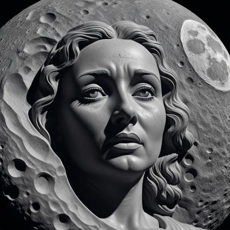 3d Moon sculpted with face of a woman, large craters, unrealistic, still from 1940s movie