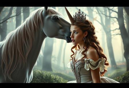 A surreal fairytale scene featuring a unicorn with a sharp, menacing horn trying to kiss a princess. The unicorn’s horn pierces the princess’s head, causing a dramatic and dark moment. The princess is wearing an elaborate gown, and her expression shows surprise and shock. The background is a magical forest with soft, ethereal lighting, but the scene is filled with tension and an eerie atmosphere. The contrast between the delicate beauty of the unicorn and the violence of the moment creates a surreal, haunting image