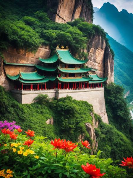 A majestic Chinese temple built into a rock wall on the edge of a mountain. Overseeing a lush green valley,with colorful flowers,and a river,serene,natural,cinematic,