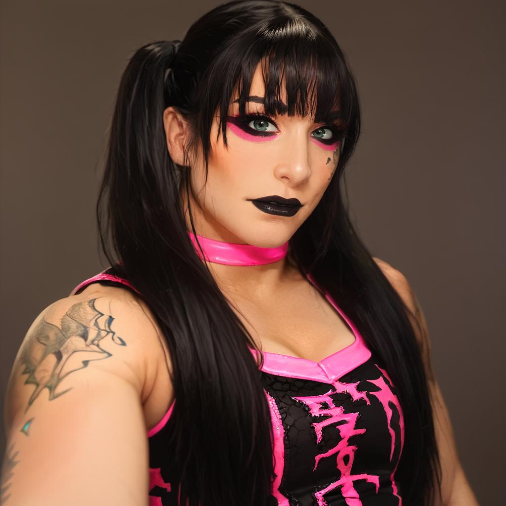 sacore_9, masterpiece, score_8, best quality, <lora:Pony_Tatum_Paxley:1>, t@tump@x, 1girl, solo, black hair, tattoo, makeup, long hair, twintails, choker, lipstick, bangs, black lips,  arm tattoo,  wrestling outfit,pink wrestling outfit, upper body, realistic, looking at viewer, closed mouth