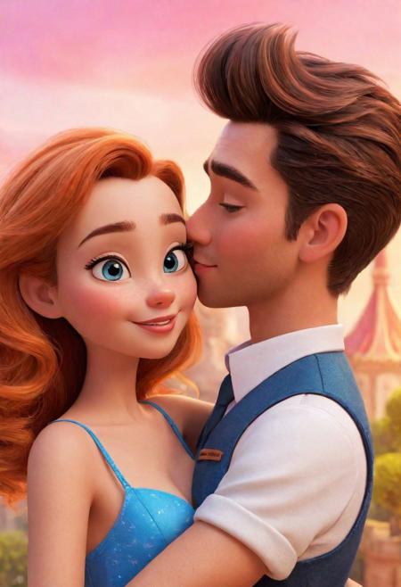 ((Disney animation style toon)). A flat art illustration of ((semirealistic (CGI))) wallpaper at noon time admits forests in paris . CGI characters. (((Disney style face geometry
), Disney style bigger eyes. Disney style facial texture. Disney style hair. Disney style nose.)) ((1boy and 1girl)) Couples hugging each other. Camera focusing on background. ( Orange | Pink | red | blue | yellow | saffron) fluffy clouds. Analogous color shading. Reflections. Refraction. Ray Tracing. Ambient Radiance of Light. (Focus of facial details, hair shading, details of eyes, fingers. Perfectly shaped eyes. Perfectly shaped nose. Perfectly shaped node) Vibrant colours. High quality and super awesome
