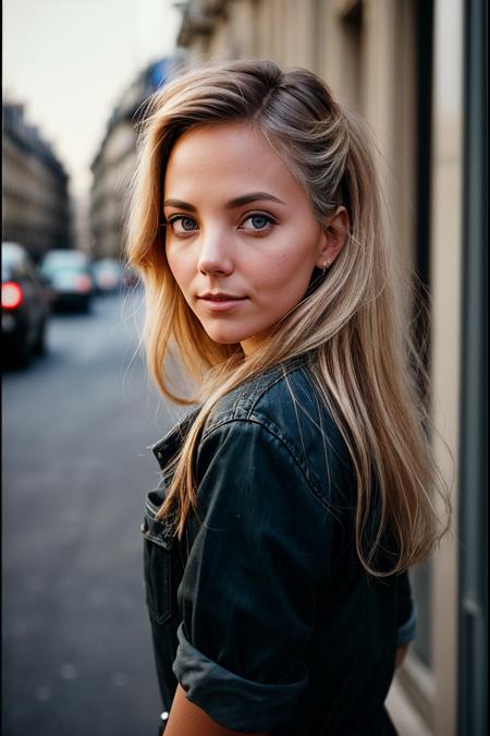 photo of (katclov:0.99), closeup portrait, perfect blonde hair, hair upsweep updo, posing, (vintage photo, gakuran), (polaroid frame), 24mm, ((tintype)), (analog, film, film grain:1.3), ((on a Paris street, night, gritty)), ((detailed eyes)), (seductive pose), (epicPhoto)