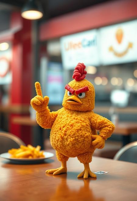 Realistic Angry chicken nugget standing on fastfood diner table showing middle finger, blurry diner background