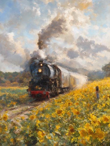 masterpiece, stunning, beautiful,
a wide field of sunflowers under an impressionist vanilla sky, warm and bright colors,
a steam train approaches from the background of the image, speeding towards the viewer, the steam rising into the impressionist vanilla sky and becoming one with the clouds in a giant whirl of impressionist brushstrokes,
a woman in a summer dress stands in the distance, observing the steam train passing by,