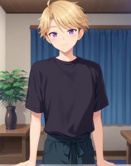 narukami_arashi_pony, blonde hair, purple eyes, short hair,