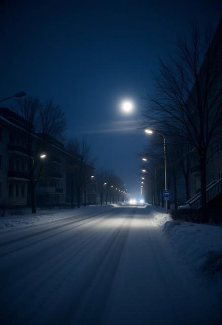Frosty street of an abandoned city twilight snow road in the snow, dim light bulbs, the moon illuminates the road outside the frame