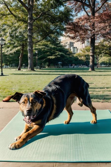 A dog posing in yoga poses on a yoga mat practicing yoga in the park