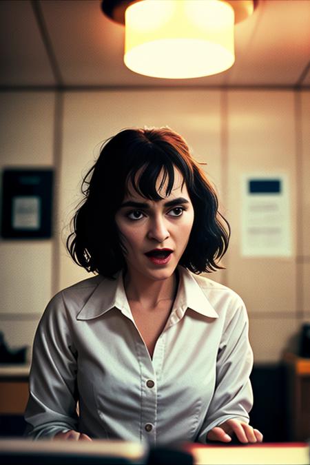 a woman, solo, looking at a computer screen with a surprised and shocked look on her face, Gotham, Joker, jokermovie style, movie screen grab, female focus, realistic, solo, shirt, black hair, open mouth, white shirt, long sleeves, collared shirt, jacket, brown jacket, indoors, teeth, depth of field