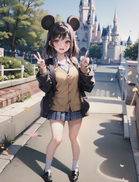 masterpiece, best quality,
full body,
1young girl standing,small breast,looking at viewer,surprised, open mouth,nose blush,peace sign,
<lora:jk fashion_v2:0.8>,jk fashion, cardigan,
day,in a disney land,Castle,mickey mouse,Rides, Parades,Fantasyland, Adventureland, Costumes, Souvenirs,