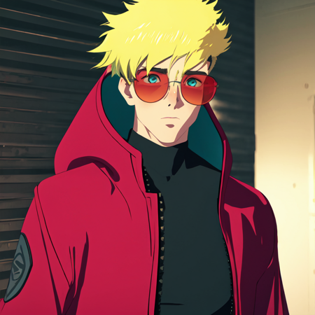 Blonde hair, <lora:trigun_stampede:1>, trigun artstyle, 3d, ultra  detailed, cgi, spiky hair, red coat, mature male, upper body, realistic, sunglasses, blue eyes