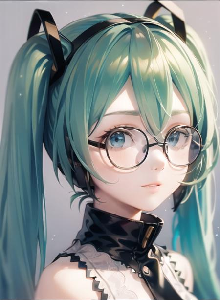 1girl, portrait, masterpiece, best quality, detailed face, round glasses, hatsune miku, <lora:roundglasses_v3-000008:1>