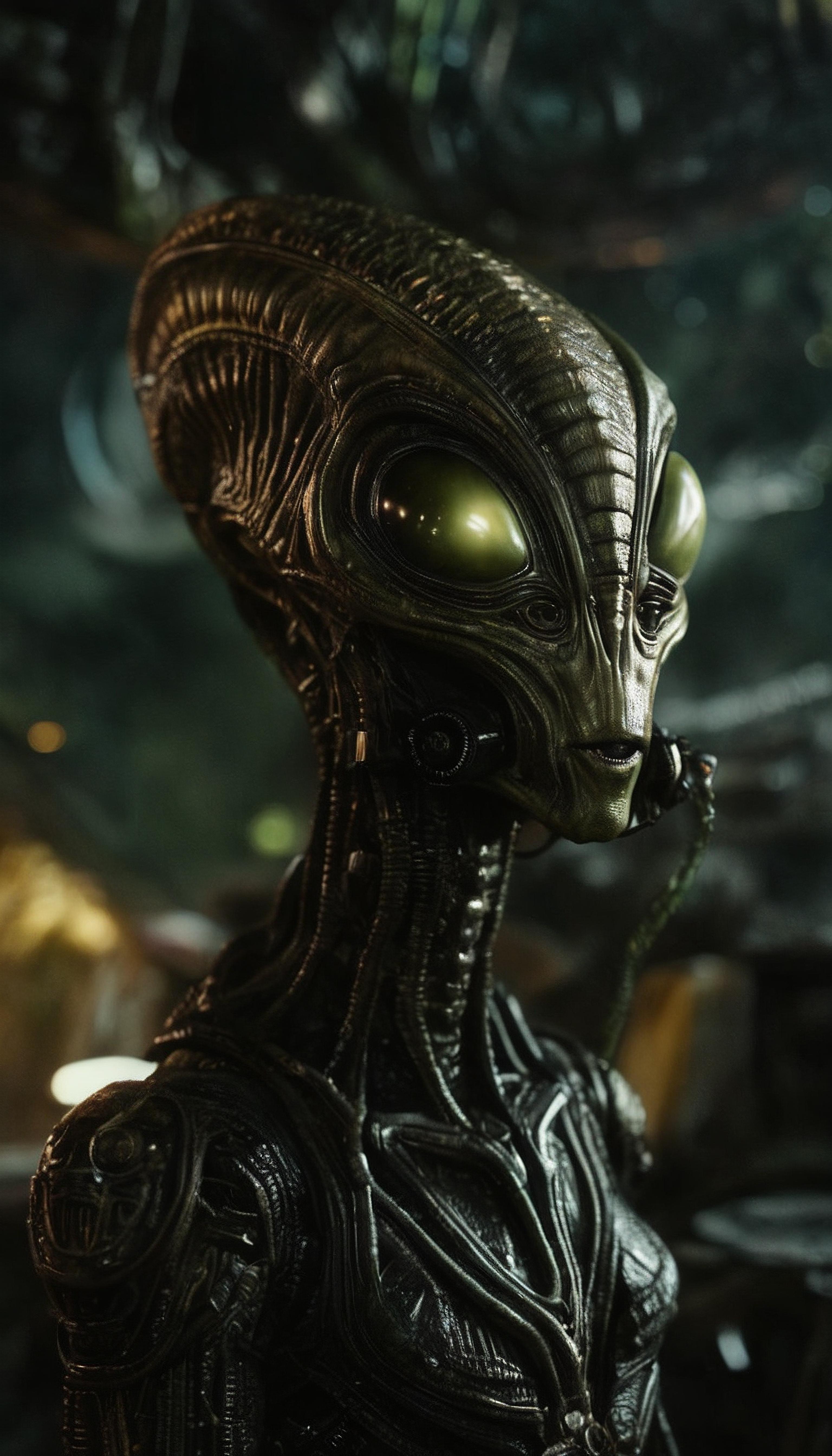 A close-up of an alien creature's face with yellow eyes and a green forehead.