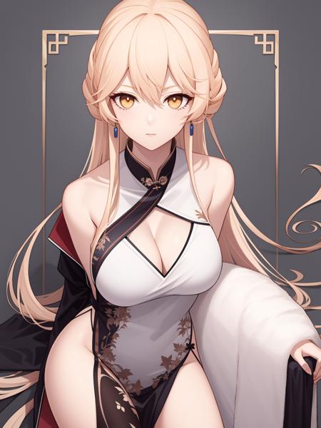 ots-14 \\\(girls' frontline\\\), blonde hair, long hair, yellow eyes, bare shoulders, bangs, cleavage, dress, official alternate costume, jewelry, black dress, collarbone