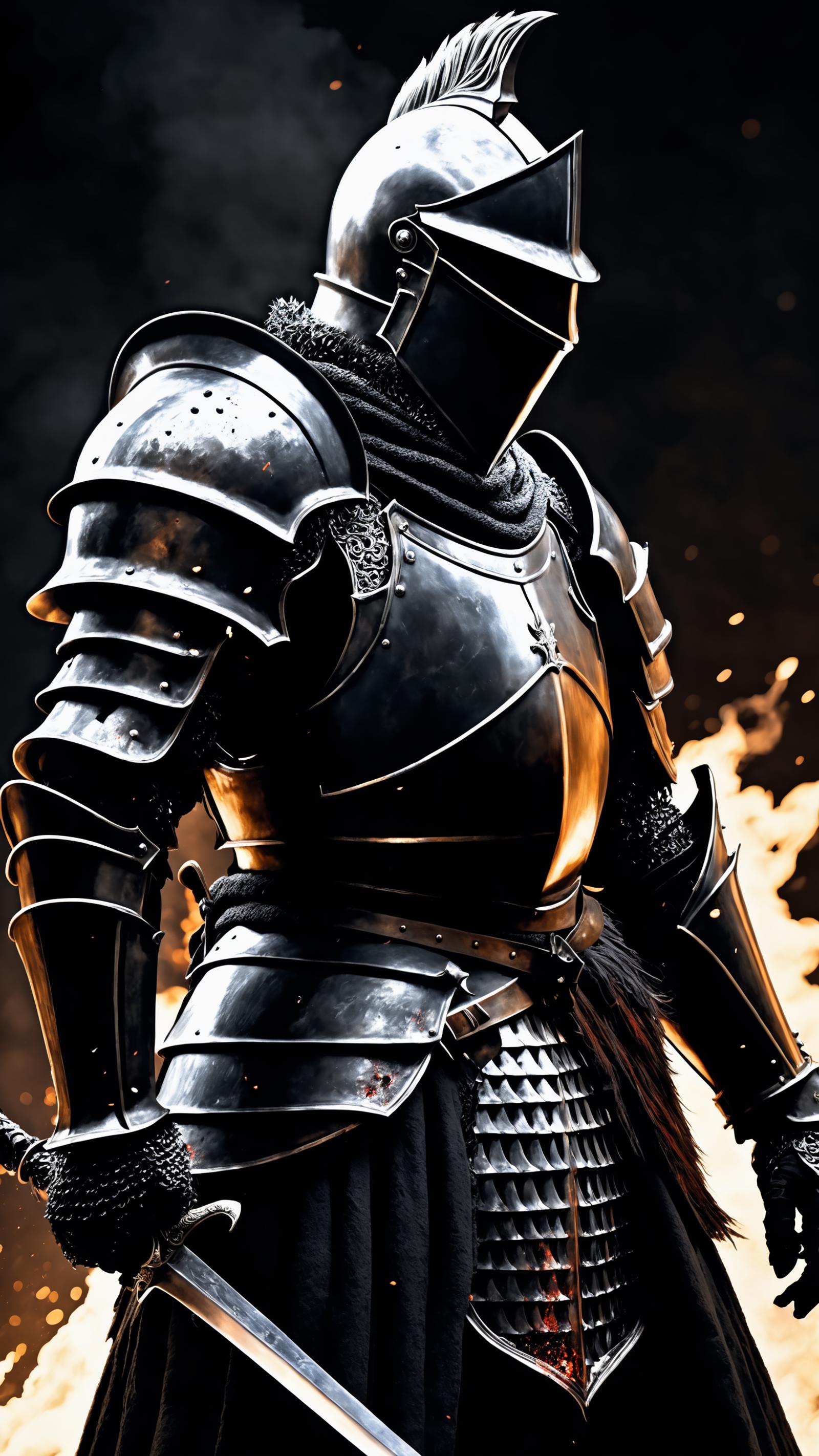 Medieval Warrior in Full Armor, Standing in a Blazing Fire