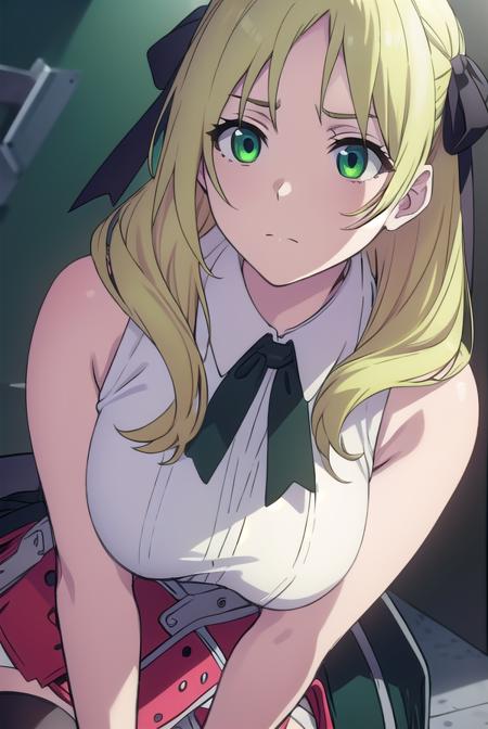 estelle rosenthal, long hair, blonde hair, (green eyes:1.5), mole, mole under eye, black ribbon, black bow, hair ribbon, skirt, shirt, thighhighs, gloves, bow, ribbon, bare shoulders, white shirt, sleeveless, belt, black thighhighs, miniskirt, bowtie, sleeveless shirt, red skirt, garter straps, red gloves, high-waist skirt, pink gloves, thighhighs, belt, black thighhighs, zettai ryouiki, nurse,