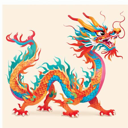 Chinese dragon illustration loong horns,open mouth,sharp teeth,colorful scales,claws,tail full body solo simple background