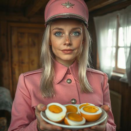 iphone 8 selfie of Oksana Akinshina, silver blond hair, green eyes, wearing a pink military uniform, in an old slavic cabin, grainy footage, lots of freckles, holding a plate of boiled eggs