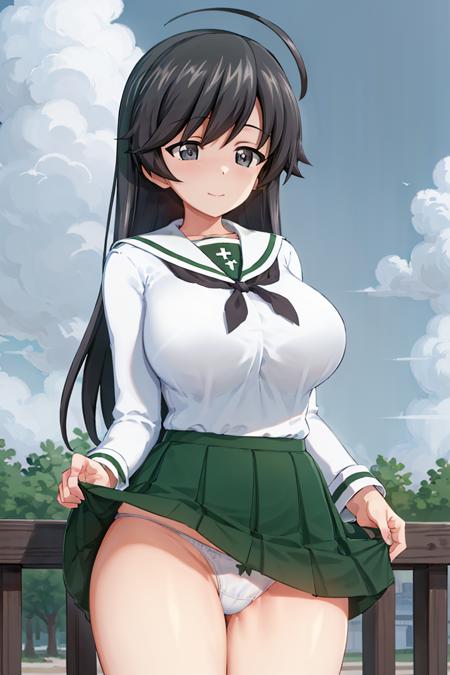 masterpiece, best quality, 1girl, solo, girls und panzer, isuzu hana, ahoge, large breasts,ooarai school uniform,white shirt,black handkerchief,green skirt, white panties, skirt lift, outdoors, blue sky <lora:Isuzu Hana:0.6>