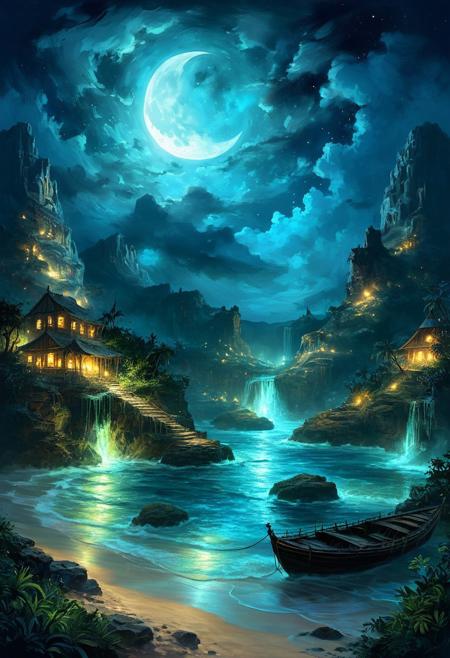 (by Ellen Jewett:1.5), (Bioluminescent Impressionism, Jamaican landscape, The Dreamland, Under the eerie glow of a blue crescent moon, a bright and wonderous landscape unfolds . A vibrant, and glowing brown lumenarium flying ship flies over a wonderful landscape of  great, yet lush canyones  with waterfalls.  Its black paint contrasts starkly with the wonderous atmosphere. In the background, more waterfalls cascades down jagged rocks,the water glistening in the moonlight. urithiru, tower city, up on a mountain,  Thick,s wirling clouds loom overhead,adding to the sense of a magical presence. The moonlight filters through the clouds,casting an otherworldly glow over the scene. The air is thick with mysticism,as if the very night holds ancient secrets and powerful magic.  [romantic impressionism,dream scenery art,beautiful oil matte painting,romantic,style of thomas kinkade,beautiful digital painting,anime landscape,romantic painting,dreamlike digital painting,colorful painting,beautiful gorgeous digital art,style of greg rutkowski,janek sedlar,jenny saville:0]  <lora:vivid_everclear:0.35>  <lora:Sinozick:0.35>  <lora:MJ52:0.35>, view from above,  biotech emotion:1.3) <lora:xl_more_art-full_v1:0.5> <lora:add-detail-xl:1> <lora:RMSDXL_Creative:2>