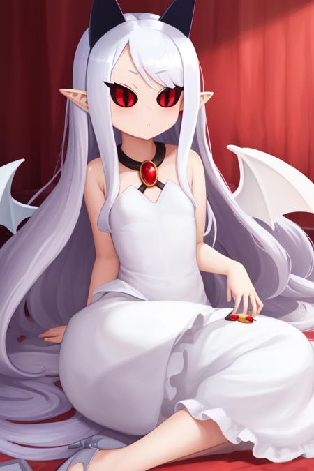 masterpiece, best_quality, 1girl, solo, long hair, bangs, red eyes, white hair, pointy ears, black sclera, horns, white dress, wings<lora:pram_v1:0.8>