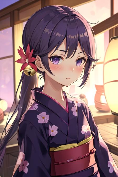 best quality, masterpiece, highres, solo, {yukata:1.40}, {kimono:1.20}, {akebono_kantaicollection:1.15}, purple_hair, long_hair, hair_ornament, side_ponytail, purple_eyes, flower, hair_flower, hair_bell, bell, jingle_bell, serafuku, blush, very_long_hair