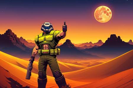 doomguy, full body, solo, illustration, 2d, (thumbs up:1.2), (solo:1.4), desert, full moon, night sky, night, 
<lora:doomguy-15:1>