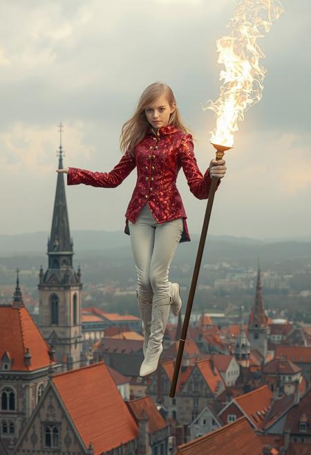 A beautiful young girl who has blonde semi-long hair is floating over the church. She posed standing position with her feet attached. She wears glittering and tight red jacket and white pants and white high hills. Her face shows no emotion. She holds bottom of very long magic staff whch is much taller than her and its head is blazing with very large white and yellow light. She is looking the city under her feet. The city is full of medieval builings which covered vermilion colored roof. Camera is taking her picture from 100m far slightly higher sky. So she takes very small portion of whole picture.