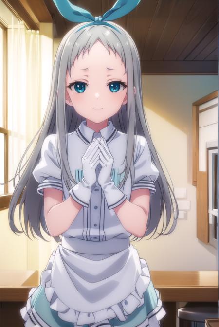 hideri kanzaki, long hair, bow, (green eyes:1.3), hair bow, grey hair, male focus, hairband, black hairband, otoko no ko, (forehead:1.2), gloves, dress, short sleeves, frills, puffy sleeves, white gloves, apron, puffy short sleeves, waist apron, white apron, frilled apron, waitress,