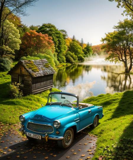 RAW photo, (blue old rusty metal cabrio car:1.1), front view, rustical wooden fishing shack by the lake, intertwined roots, autumn, blue sky, sunrise, falling leaves, cracked wood trunks, volumetric lights, cinematic, mist
realistic, 8k uhd, dslr, cinematic lighting, high quality, film grain, Fujifilm XT3
<lyco:skoda-felicia-cabrio-loha:0.95> <lora:entropy-alpha:.05>