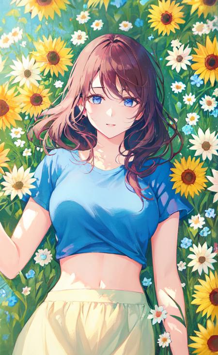 Samia, girl, solo, shirt, looking at you, face,midriff, perfect, flowers, high quality,  radiant, knight, godly