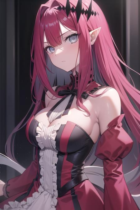 baobhan sith, (grey eyes:1.5), long hair, pink hair, pointy ears, cross-laced clothes, cross-laced dress, cross-laced legwear, detached sleeves, dress, pink dress, frilled dress, frills, hair ornament, red ribbon, red sleeves, ribbon,