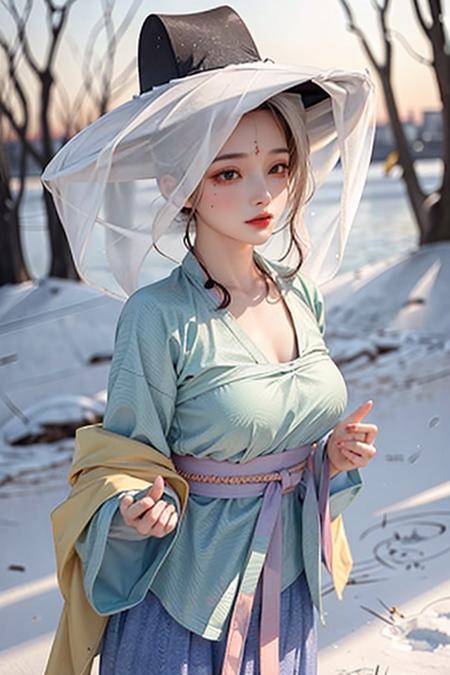 1girl, weimao hat, masterpiece, best quality, 8k <lora:veilhat_v2b:0.88>, snow, big and beautiful breasts