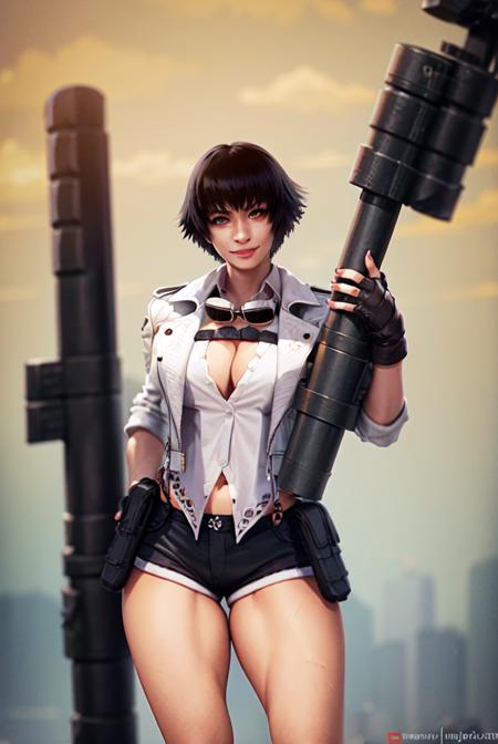 (masterpiece, best quality:1.2),dmc, dmc5, white jacket, white inner shirt, rolled sleeves, goggles around neck, jacket, 1girl, solo, heterochromia, red eyes, blue eyes, black hair, smile, shorts, thighs, weapon, fingerless gloves, huge weapon, cleavage, large breasts, rocket launcher, scar,  gun, <lora:LADY-15:0.8>